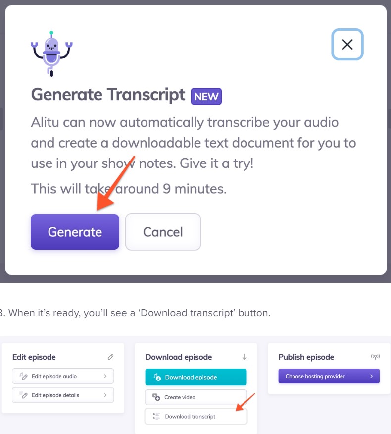 podcast transcription on alitu
