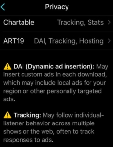 Certain Chartable features prompting privacy warning in Overcast.