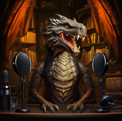 Midjourney and AI art generators can make nice art if you know how to write good prompts. This image is based on the prompt "dragon podcaster." It's a mystery as to why there are two pop filters, yet no discernible mic.