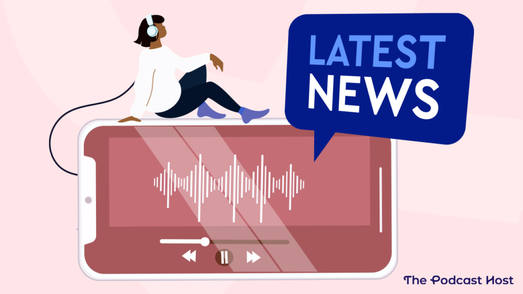 women perched on smartphone listening to podcast news podcast