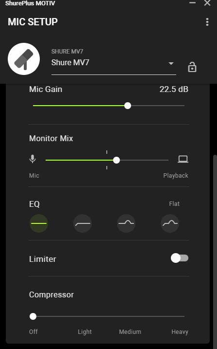 Manual settings for the Shure MV7 when used as a USB mic. Shure Mv7 review
