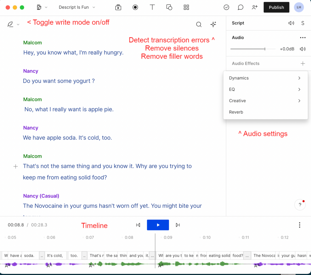 Descript's audio editing window looks like word processing software, with the exception of the waveform at the bottom of the screen.