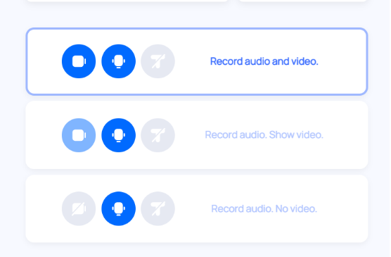 Zencastr's recording options:
1. record audio and video
2. record audio. Show video
3. record audio. No video.