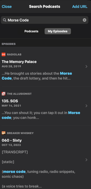 Overcast's new search tools can take you from the top level, searching in podcast titles and descriptions, to the episode level, searching for terms within episode show notes.