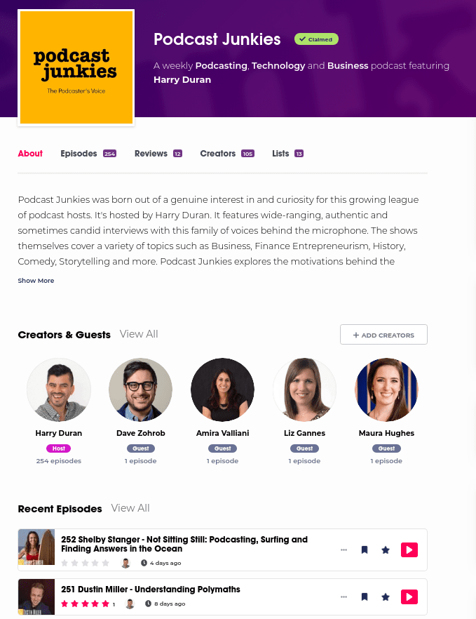 Podcast Junkies podcast page on Podchaser