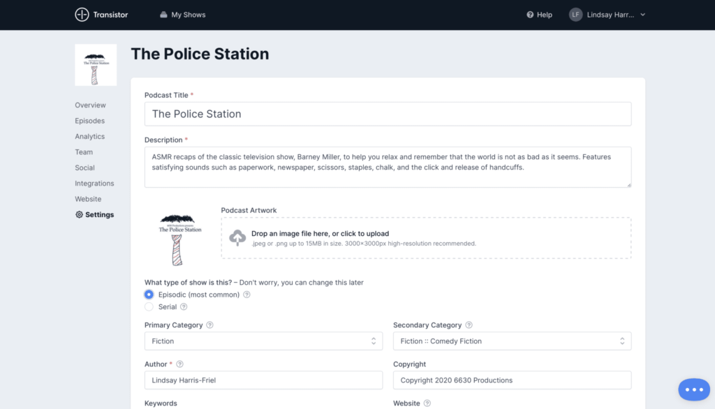 Transistor Podcast setup interface