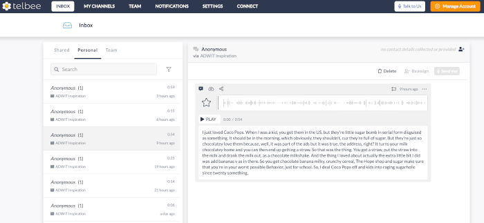 Telbee's inbox organizes responses my responder on the left, and shows each individual response on the right.